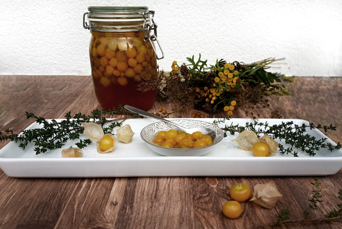 Eingelegte Physalis Rezept mit Weißwein und Thymian