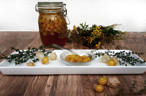 Eingelegte Physalis Rezept mit Weißwein und Thymian